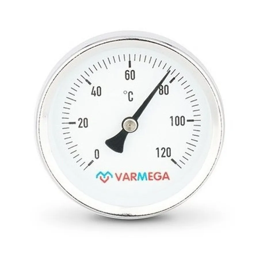 Термометр VARMEGA биметаллич. с погр. гильзой 63 мм, 120гр.С, штуц.50 мм, 1/2", упл., VMMT03-635004